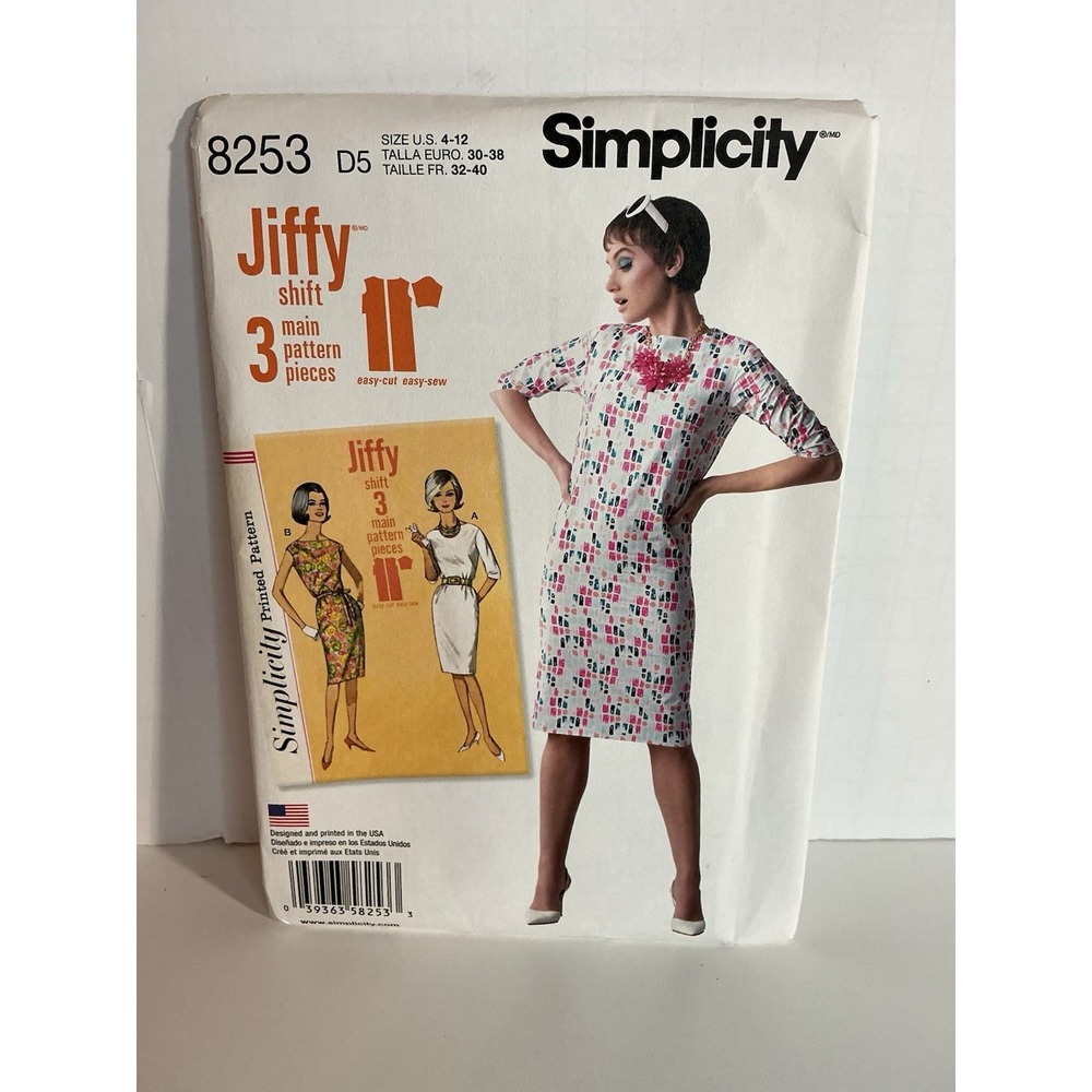 Simplicity 8253 JIFFY Shift Dress w Bateau Neckline, Sleeve Variations Sz 4-12